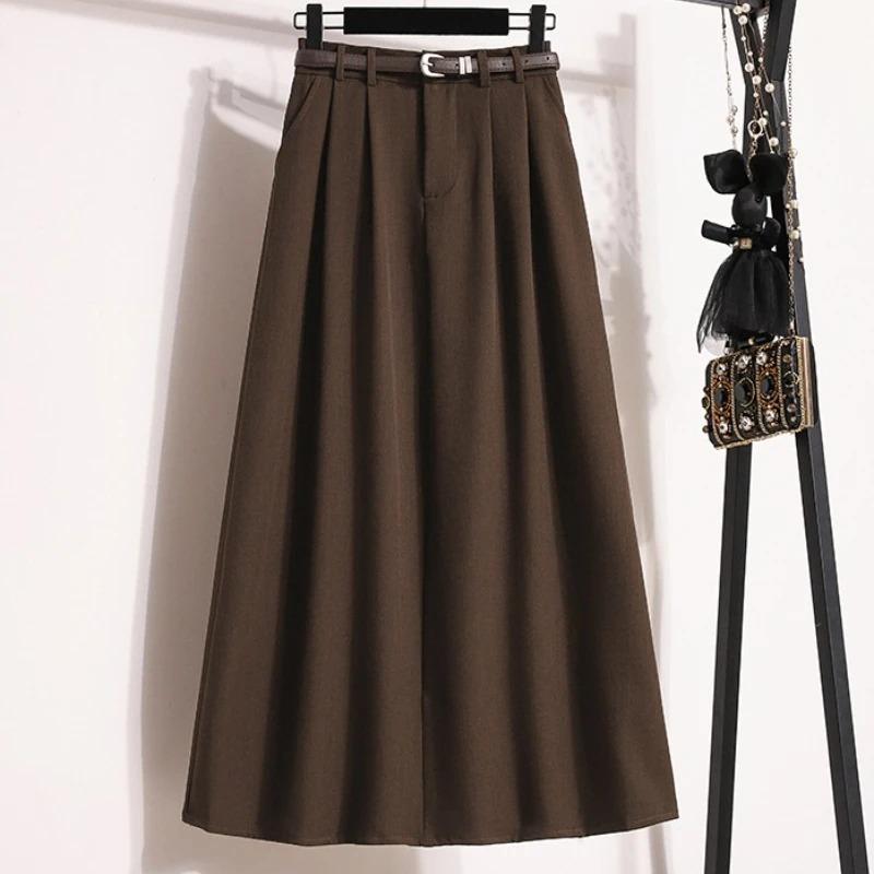 Koreanischer Anzug mit hoher Taille, Faltenrock, Übergrößenröcke für Damen, Frühling, Elegant, Einfarbig, Wickel-Schirmröcke für Damen
