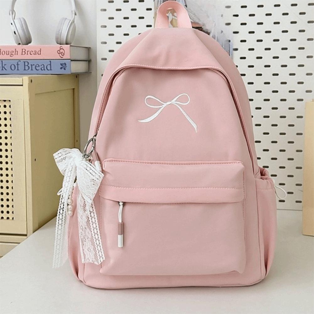Mochila Bordada con Lazo Portátil para Niñas Color Sólido Nylon Mochila Escolar para Estudiantes Gran Capacidad Ligera Mochila de Viaje