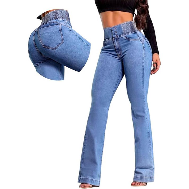 Women High Waisted Flare Jeans Vintage Wash Denim Bell Bottom Trousers