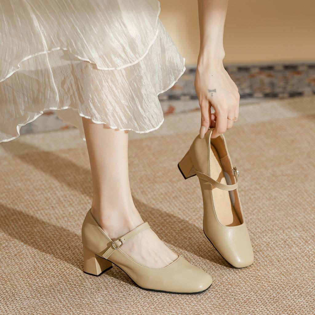 Leather square head shallow mouth high heels women's one-word buckle Mary Jane women's shoes with skirt spring and autumn French thick heel sing