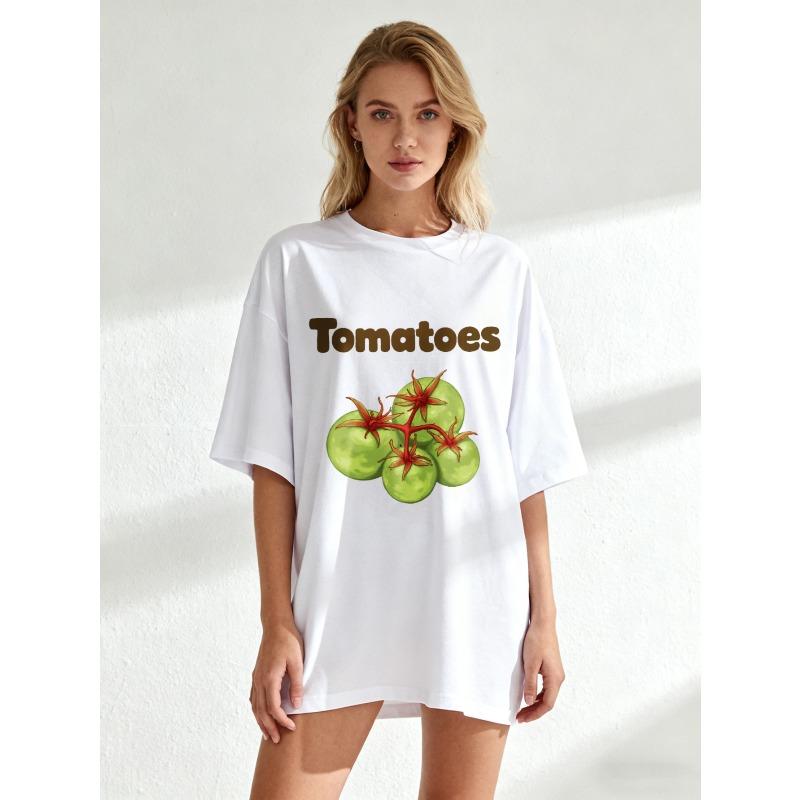 

Оверсайз футболка Чорні помідори Зелені овочі Принт Повсякденний літній одяг XXXXL білий