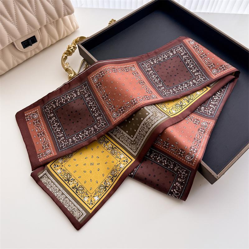 Женский атласный винтажный шарф-шаль с принтом «пейсли», модный, роскошный, длинный, узкий, маленький шарф, женская повязка на голову, косынка 145x12CM