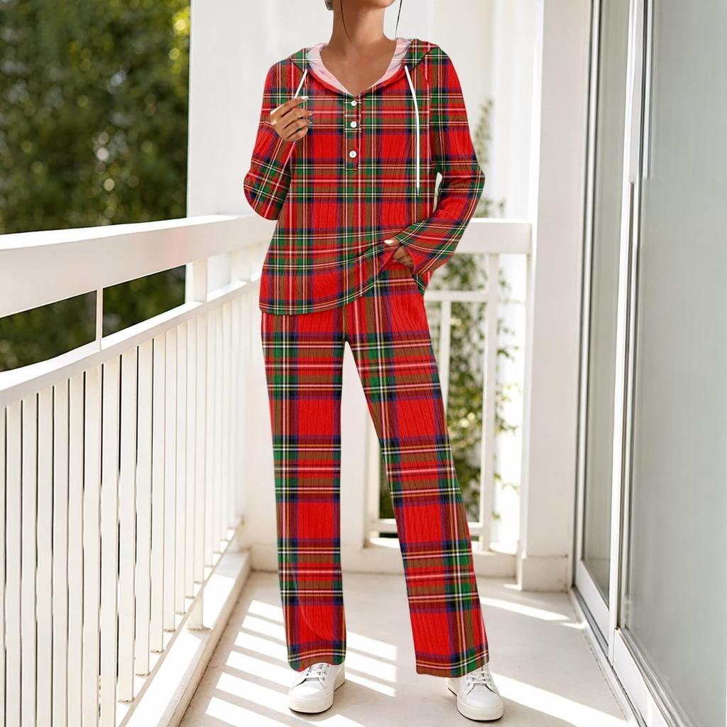 Women's V-Neck Printed Long Sleeve Hoodie Loungewear Set with Pockets - Loose Fit 2 Piece Casual Sleepwear Pajama Set for Home