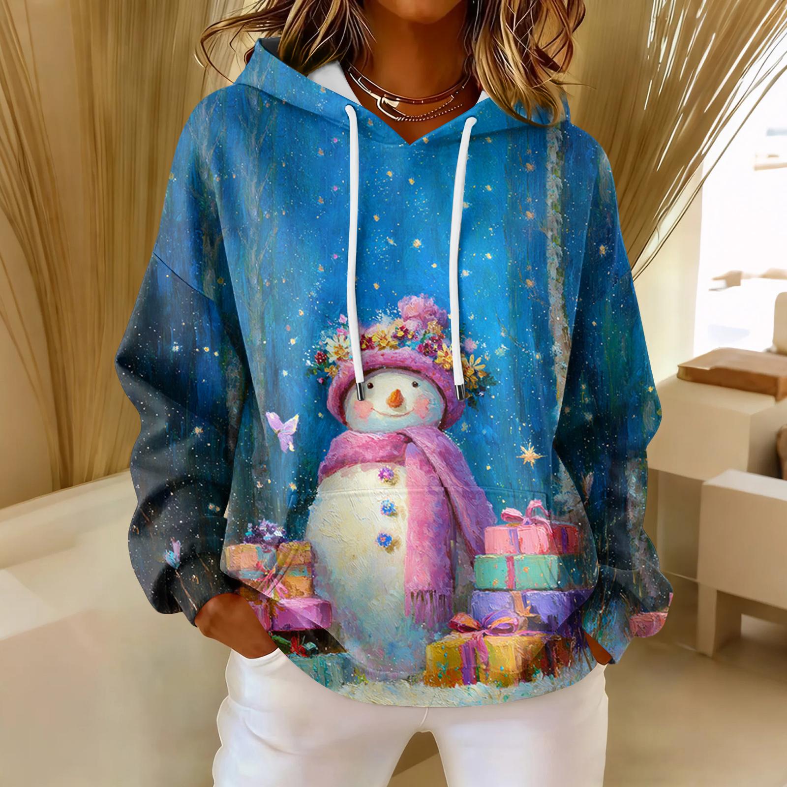 

Women s Loose Comfortable Casual Fashion V-Neck Christmas Print Long Sleeve Hoodie L ціан