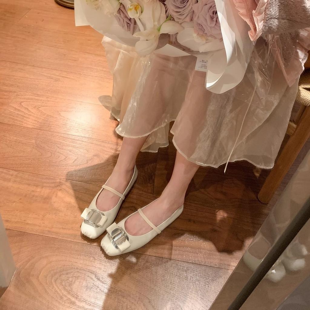 Cowhide Version~ Hepburn Daughter Square Head Bow Thick Heel Mary Jane Shoes Women's Single Shoes Flat Ballet Shoes