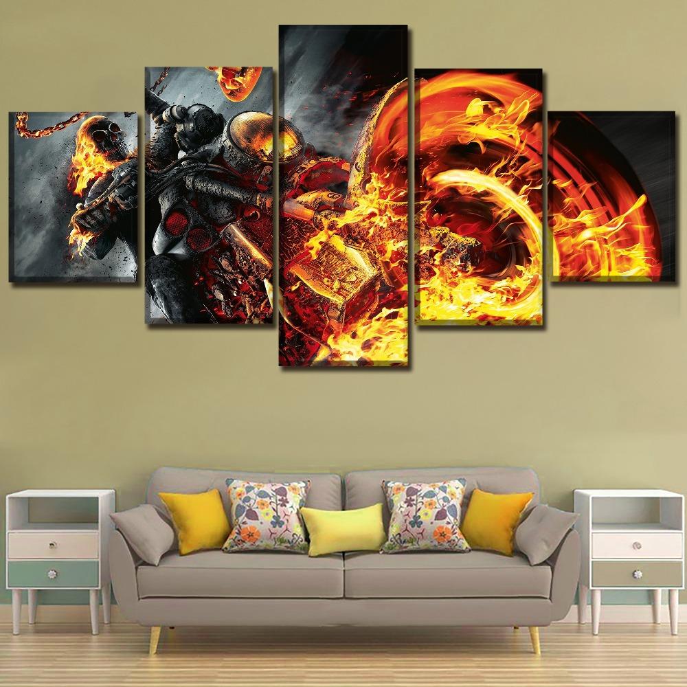 Canvas Print Picture Home Decor Framework 5 Piece Comics Ghost Rider Painting Skull And Abstract Fire Motorcycle Poster Wall Art