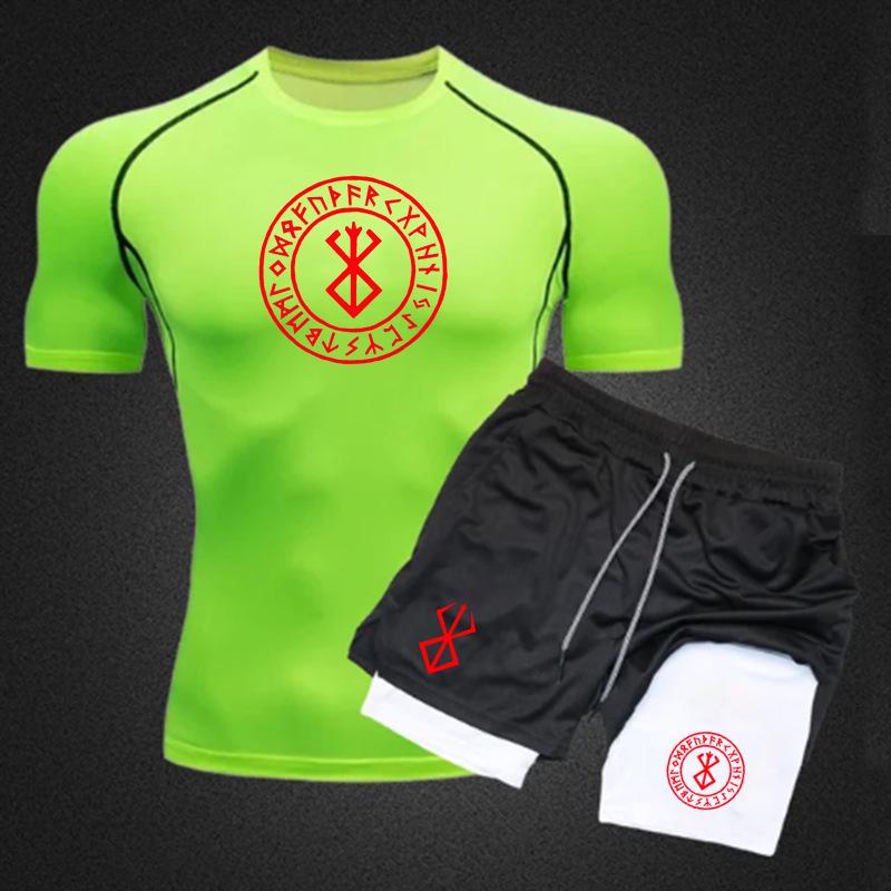 Men's Anime Double-Layer Quick-Dry Shorts & Tee Set for Outdoor Running & Fitness