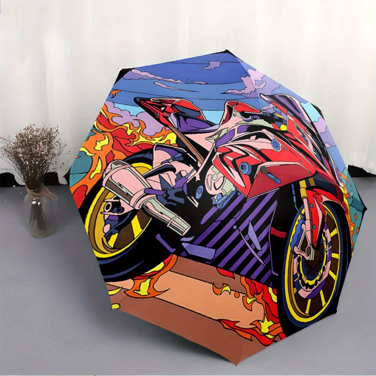 

Folding Umbrella The umbrella features a dynamic pattern of a red motorcycle with flames, under a sky with swirling clouds; th (as the picture,Iron&8K)
