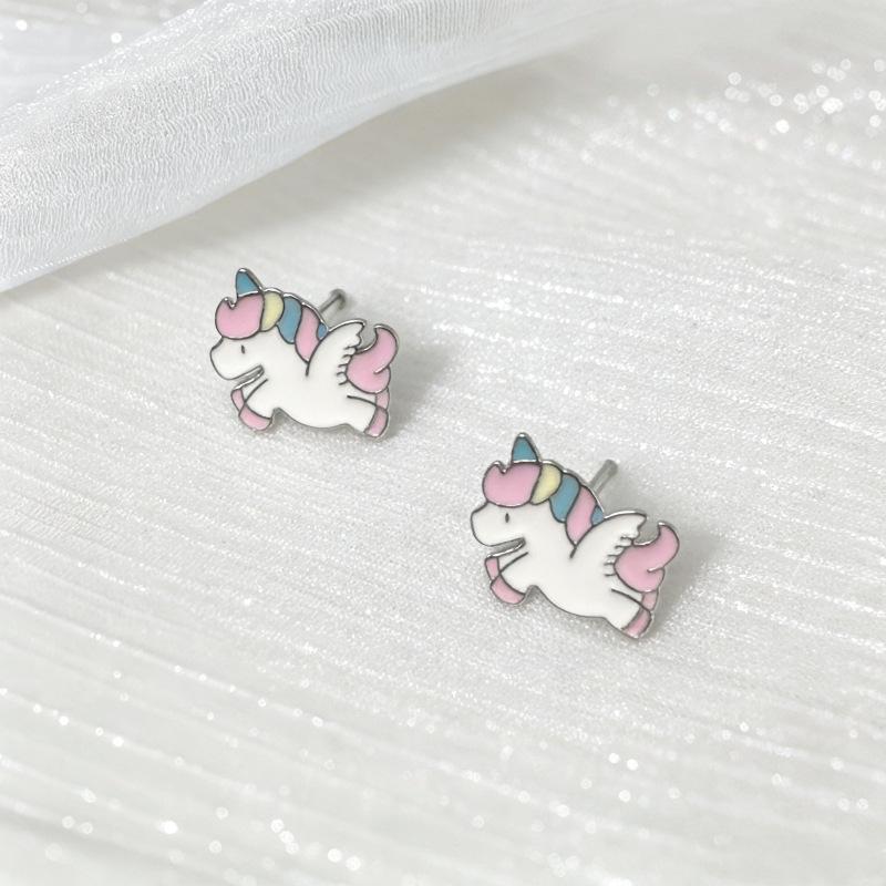 Beixi S999 Silver Needle Unicorn Stud Earrings - Cute Rainbow Pony Design for Girls and Students