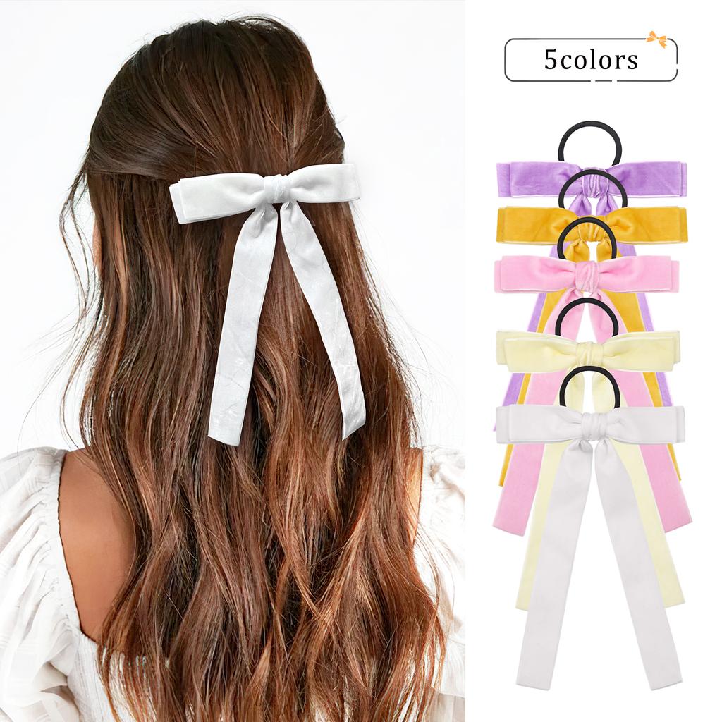 5Pcs Velvet Cheer Bow Large Big Bow Hair Ring Knotted Cheer Bow Women Ponytail Hair Ties Solid Color Rubber Band Hair Accessorie