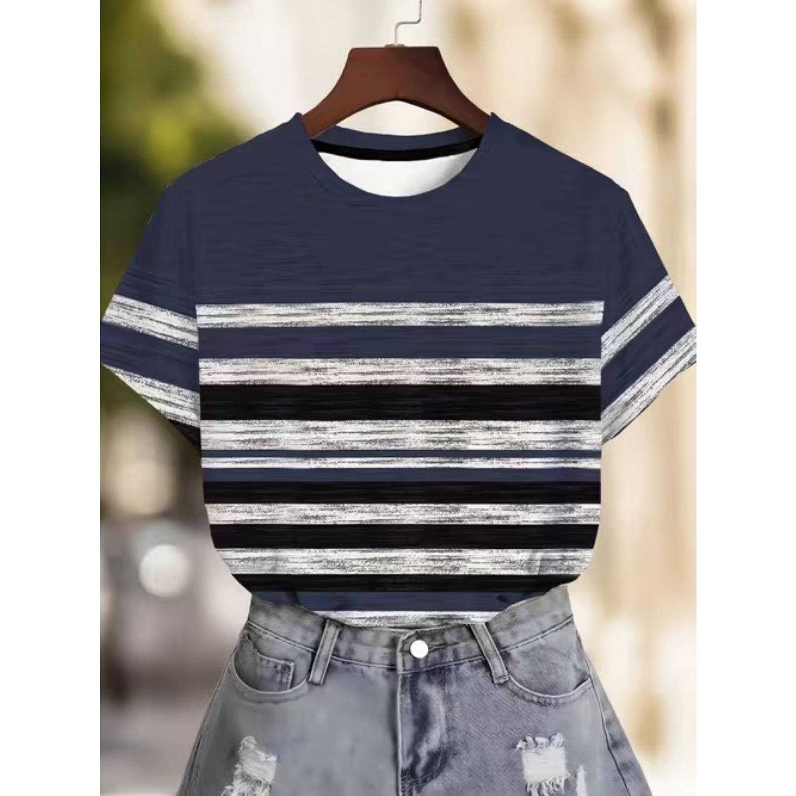 

Модная женская футболка в полоску с принтом, забавная повседневная футболка с круглым вырезом и короткими рукавами, летняя женская футболка XS синий