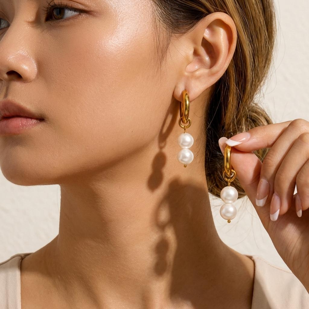 Minimalist Stainless Steel Double Pearl Hoop Earrings for Women Luminous Warm Finish Elegant Dangle Everyday Jewelry Presents