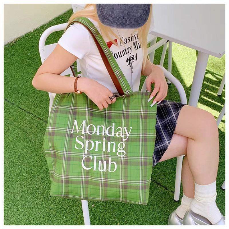 

Niche Green Retro Checked Tote Bag Portable Commuting Cloth Lazy Style Large Capacity Shoulder 36x13x39 зелёный