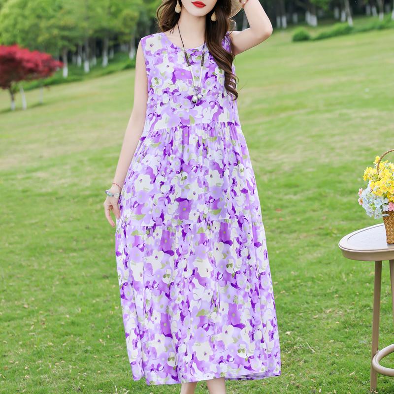 Elegant Sleeveless Dress for Women Plus Size Short Sleeve Vintage Print Long Dress Summer Casual Middle-aged Women's Clothing