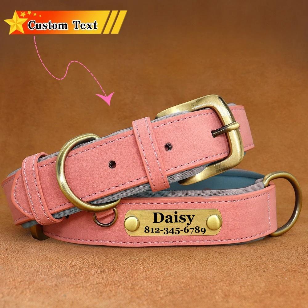 Customized ID Nameplate Dog Collar PU Leather Soft Padded Dog Collars Free Engraving Name for Small Medium Large Dogs Adjustable