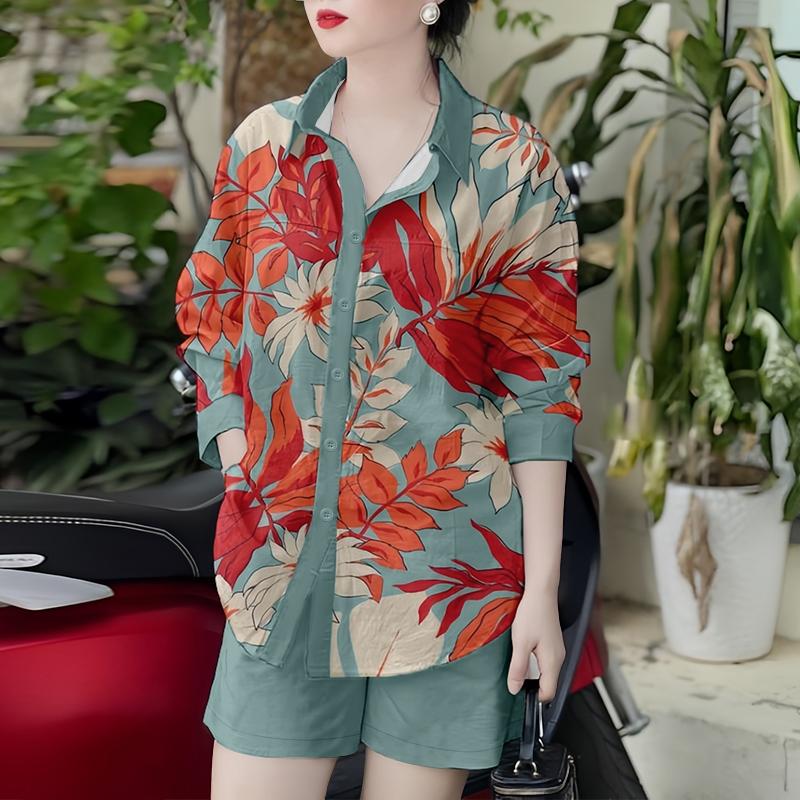 

ZANZEA Женский Блузка с длинным рукавом и принтом и шорты Повседневные комплекты-двойки 4XL синий