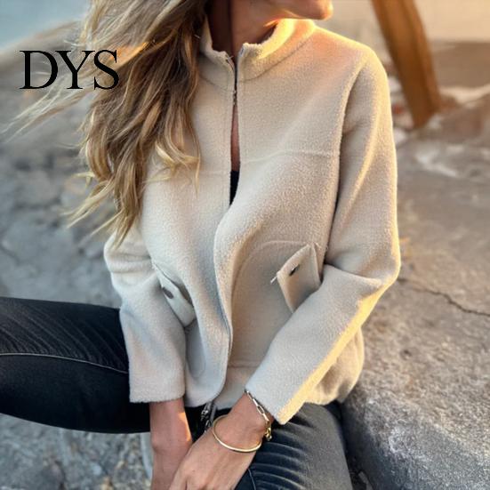 Women Casual Jacket Stand Collar Long Sleeve Woolen Coat with Pockets Solid Color Warm Lightweight Daily Wear Winter