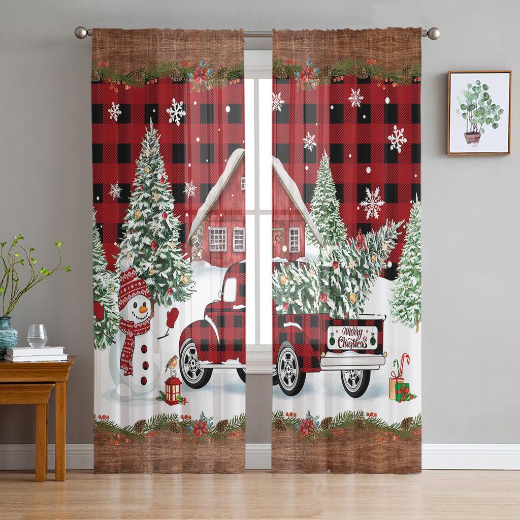 Christmas Christmas Tree Leaves Green Red Tulle Sheer Window Curtains for Living Room Bedroom Decor Voile Curtains Drapes