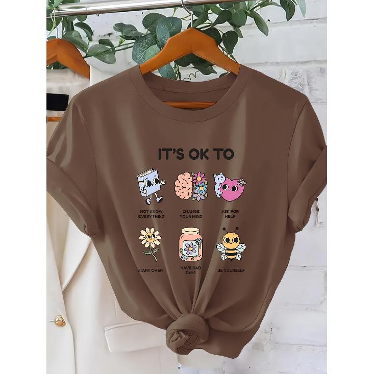 Self-Acceptance Statement for Women T Shirt | “It's OK To” Cartoon Illustration, Psychological Healing Style, Round Neck, Short Sleeves| Casual