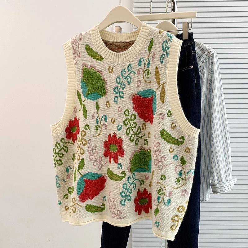 DIMANAF 2024 Autumn Women Sleeveless Vest Printing Sweaters Knitting Casual Style Loose Sweater
