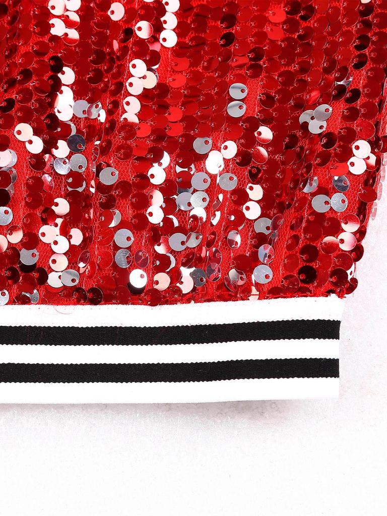 Mädchen Glitzernde Pailletten Baseballjacke Langarm Reißverschluss vorne Gestreifter Besatz Oberbekleidung Tanzparty Bomberstil Mantel