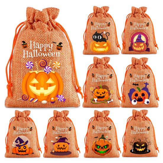 12 Pcs Halloween Treat Bags Burlap Gift Bags Mini Drawstring Candy Bags Pumpkin Pattern Goodie Bags for Halloween Party Favors