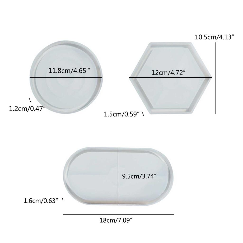 3Pcs Gemeotric Hexagonal Oval Round Coaster Mirror Silicone Resin Tray Molds