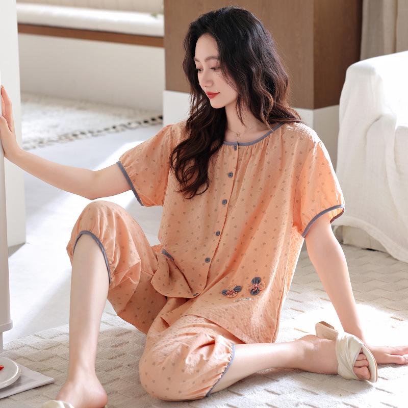 Woven cotton gauze pajamas women's summer pure cotton cropped pants autumn cotton large size summer thin loungewear