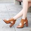 Thick heel high heels fish mouth 2025 summer new leather shoes deep mouth middle heel hollow single shoes sandals women's shoes waterproof table