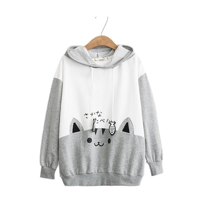 Autumn Cute Cat Patchwork Hooded Student Girls Casual Long-sleeved Sweatershirt