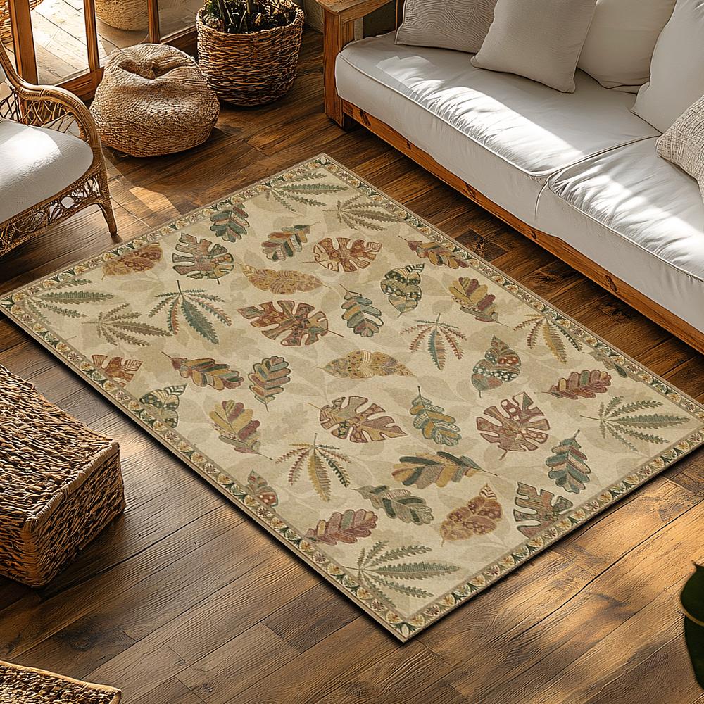 Leaf Pattern Bohemian Area Rug, Natural Tone Non-Slip Carpet, Cozy Living Room Mat for Plant Theme Decor
