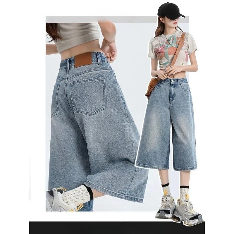 Damen Vintage Weite Beine Denim Capri Hosen Shorts Sommer Bauchkontrolle Locker Gerade Beine Lässig Streetwear