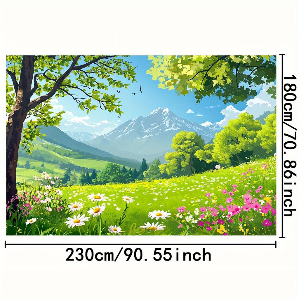 1 Piece 2D Background Cloth. Embracing Spring. Fresh Grassland and Blooming Flowers Adorn the Background Cloth.