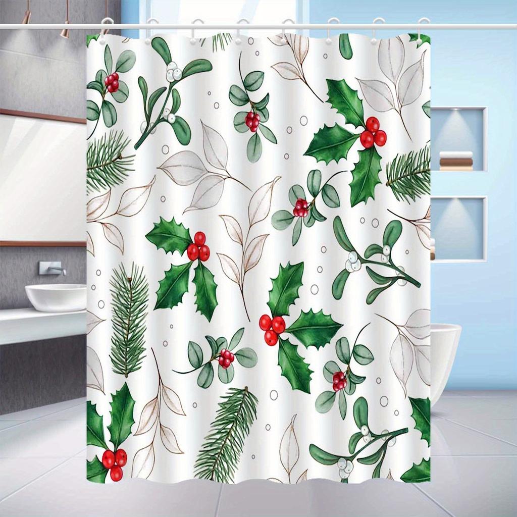 1pc Fresh Christmas pine branch pattern shower curtain, polyester fabric, machine washable, suitable for bathroom decoration