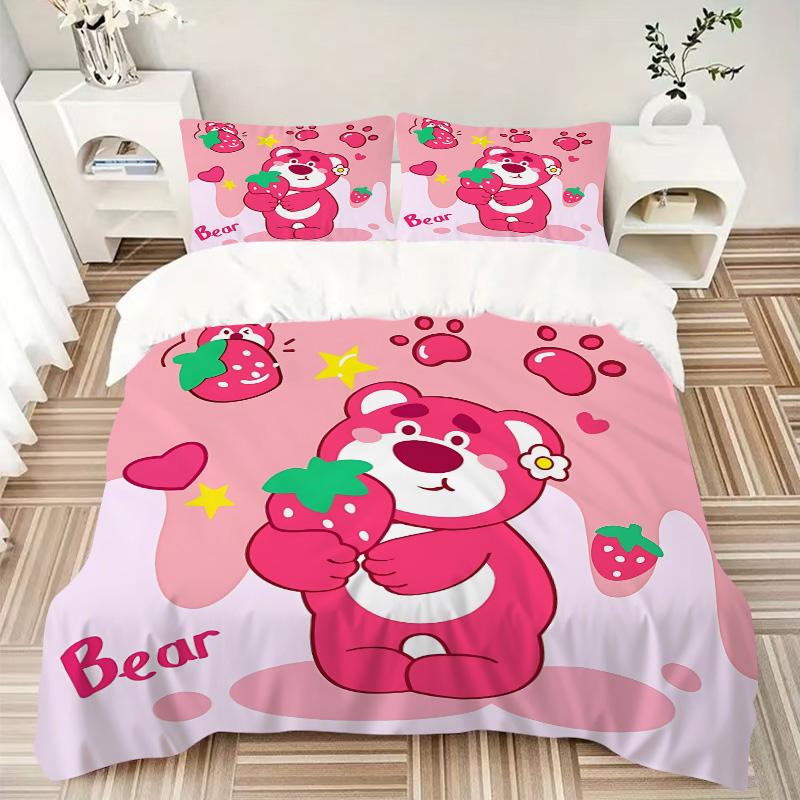 Pink Bear Strawberry Love Print 3Pcs Bedding Setduvet Cover With 2 Bedropillowcase Home Birthday Gift