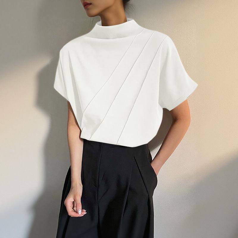 ZANZEA Womens Casual Half-turtleneck Solid Color Loose Short Sleeve Blouse