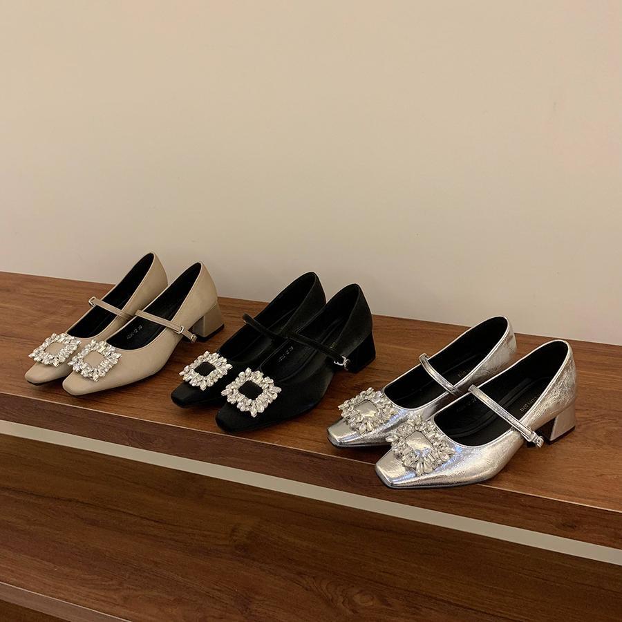 Coarse Heel French Silver Mary Jane Single Shoes Women's Shoes 2025 New Spring and Autumn Square Head Rhinestone Temperament High Heels