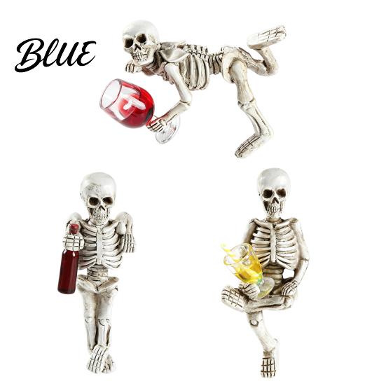 Resin Skeleton Sculpture Halloween Gothic Figurine Holding Glass Bottle Horror Decor Statue Desktop Decoration for Home Office Bookshelf Outdoor