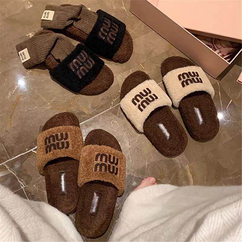 Wool Version~ Fashionable Outer Wear Miu Wind Flat Bottom Outer Wear One Word with Plush Fluffy Slippers Autumn and Winter Fluffy Shoes