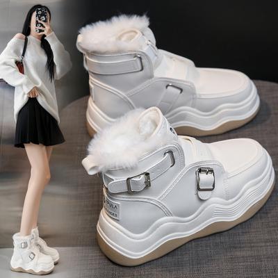 Fashion 2024 New Style Thickened Fleece-lined High-top Women's ShoesTrendy Versatile Cotton Short Tube White Shoes Summer Season