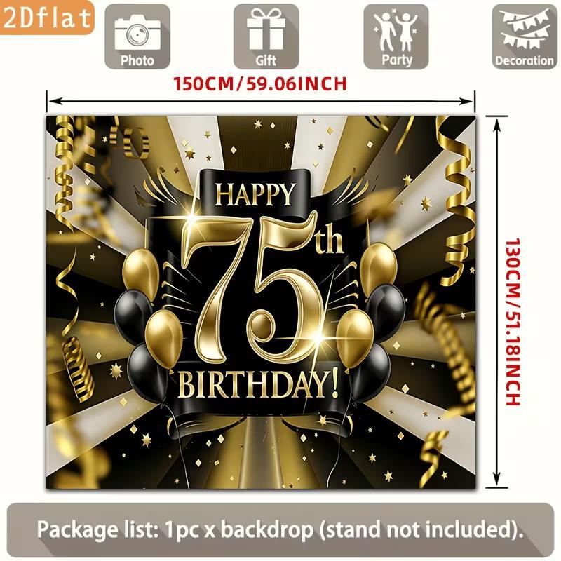Sfondo 2D per 75° Compleanno Palloncini Oro Nero & Festoni Sfondo Photo Booth Festa