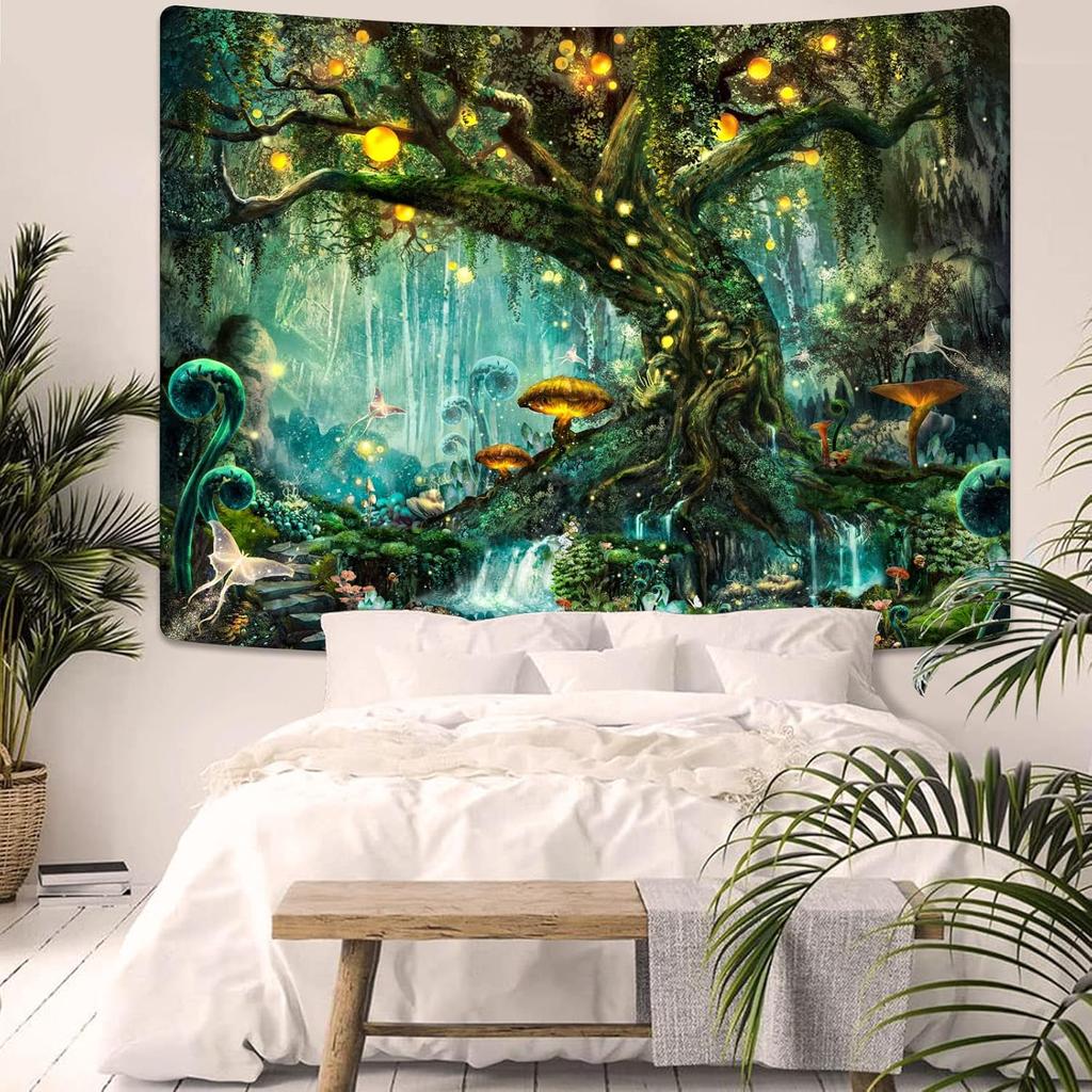 YEXIT Fairy Tales Magical Forest Tapestry, Nature Tree of Life with Elves Landscape Tapestry Wall Hanging for Living Room BedRoom Decoration Green
