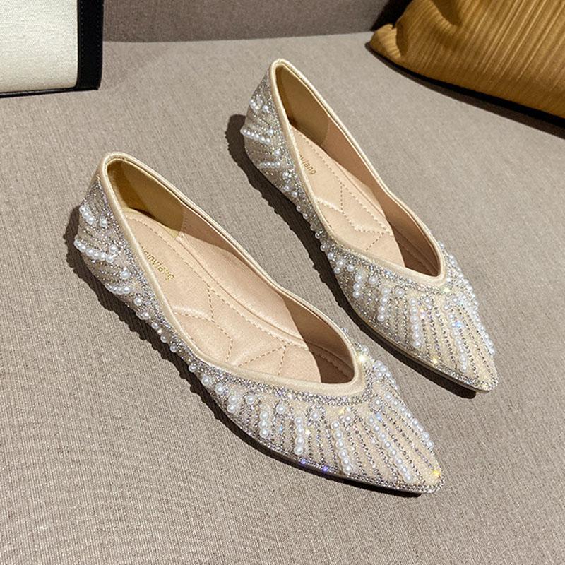 Glitter Crystal Pearl Ballet Flat Shoes Women Pointed Toe Slip on Loafers Cozy Shallow Ladies Ballerina Flats Moccasins WSH5187