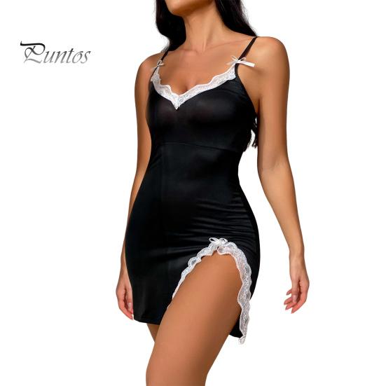 

2 шт./комплект, женская летняя ночная рубашка, трусики, комплект с открытой спиной, V-образным вырезом, без рукавов, кружевная отделка, разрез по подолу, ночная сорочка, трусы для спальни, медового месяца, брачной ночи M чёрный