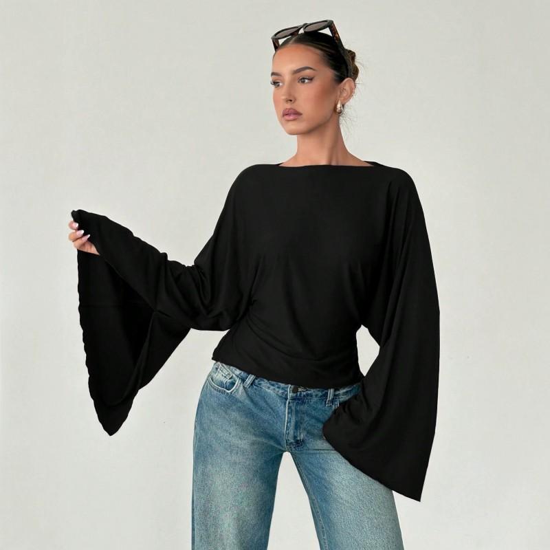 Womens Solid Color Off-Shoulder Long Sleeve Top With Flared Sleeves Slim Fit Knit Blouse 2026