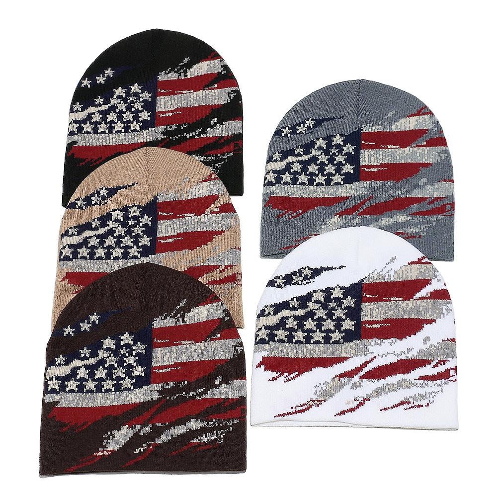 Cold Hat Men's Winter New Pullover Hat American Retro Flag Star Jacquard Knitted Hat Ear Protector Wool Hat
