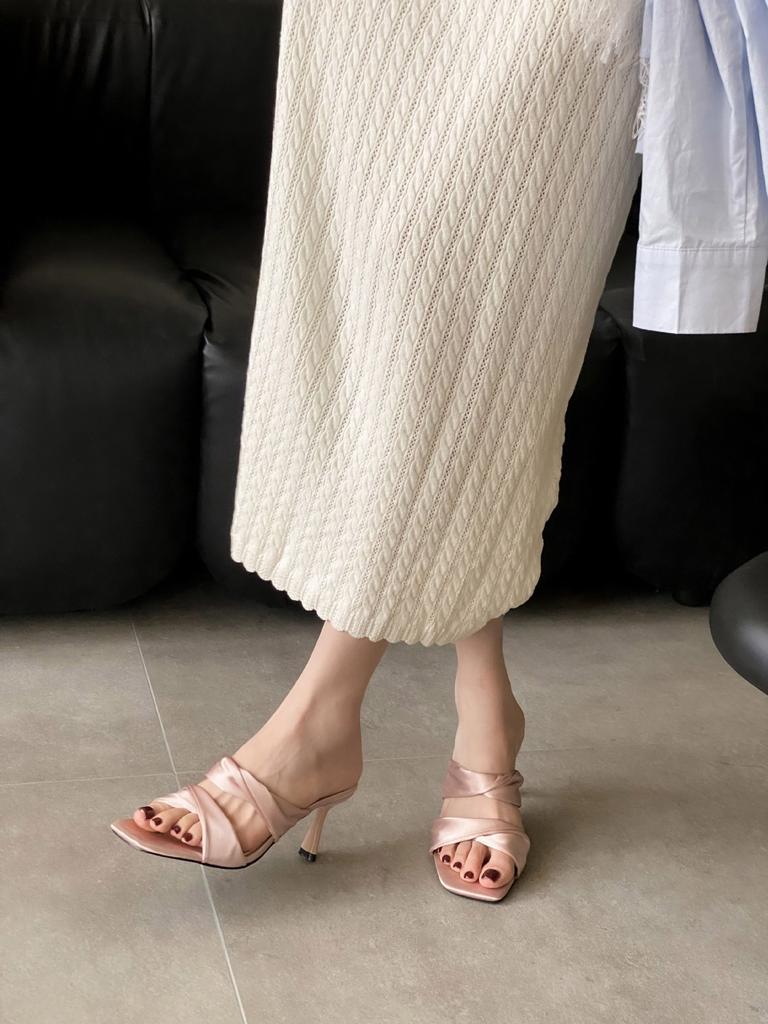 Slippers Spring French Style Square Toe Thin Heel High Heel Elegant French Style FashionSatinOne-Strap Open Toe Women's