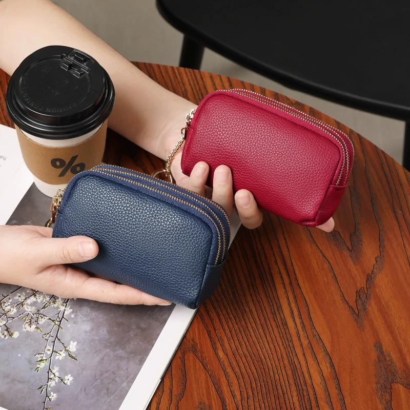 Women Leather Zipper Pouch Wallet with Keychain – Compact Coin Purse, Card Holder, Double Zipper, Everyday Carry Organizer