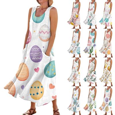 Robe d'été décontractée pour femmes, mode pâques imprimée, sans manches, col rond, poches