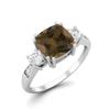 7mm Cushion Smoky Quartz 925 Sterling Silver Three Stone Women Engagement Ring